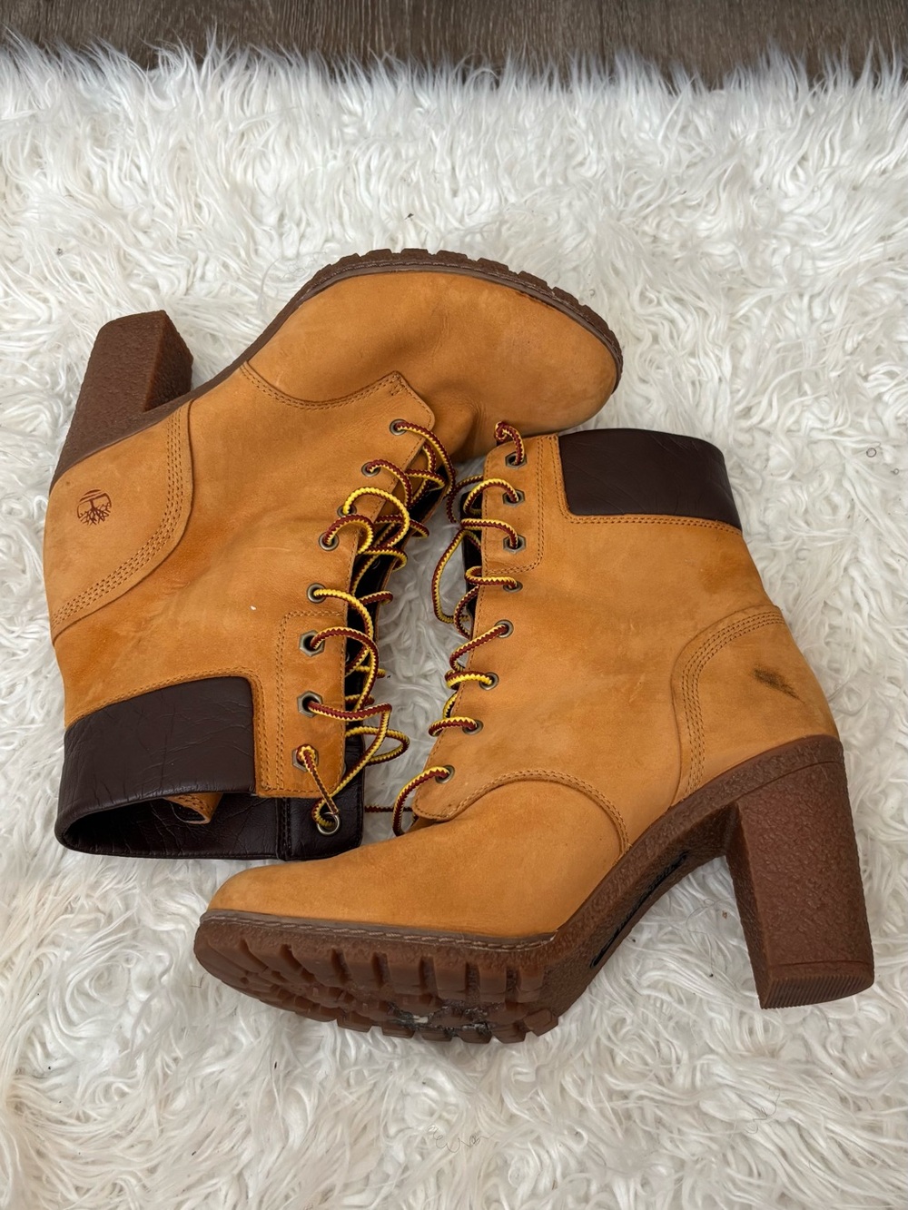 Timberland Lace-Up Suede Block Heel Ankle Boots in Tan